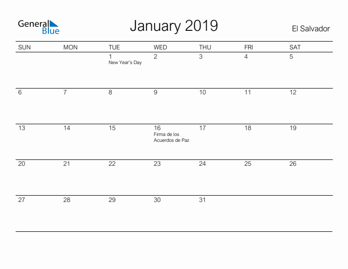 Printable January 2019 Calendar for El Salvador