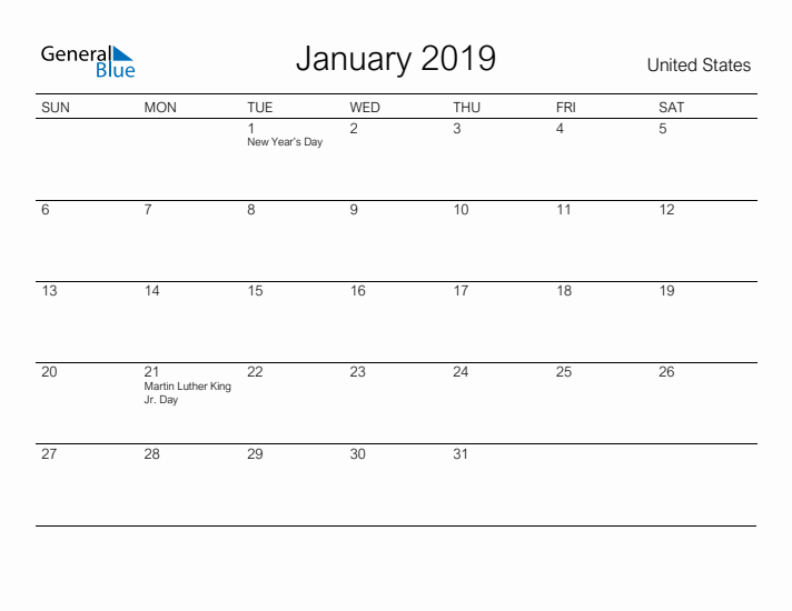 Printable January 2019 Calendar for United States