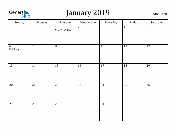 January 2019 Calendar Andorra