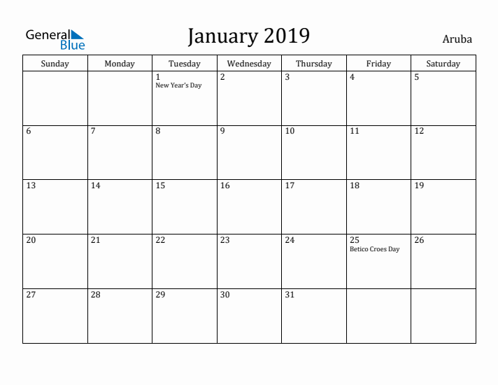 January 2019 Calendar Aruba