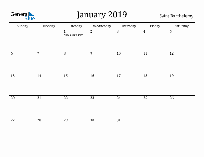 January 2019 Calendar Saint Barthelemy