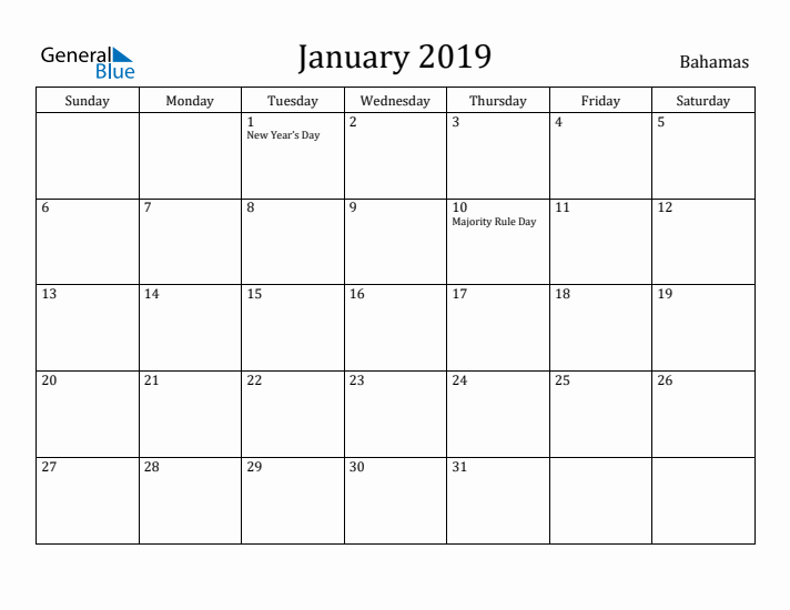 January 2019 Calendar Bahamas