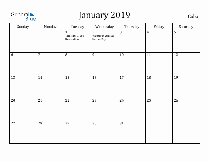 January 2019 Calendar Cuba