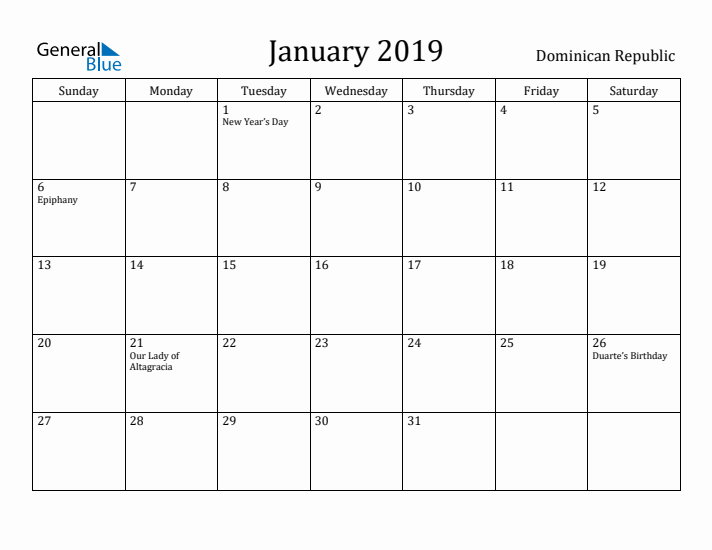 January 2019 Calendar Dominican Republic