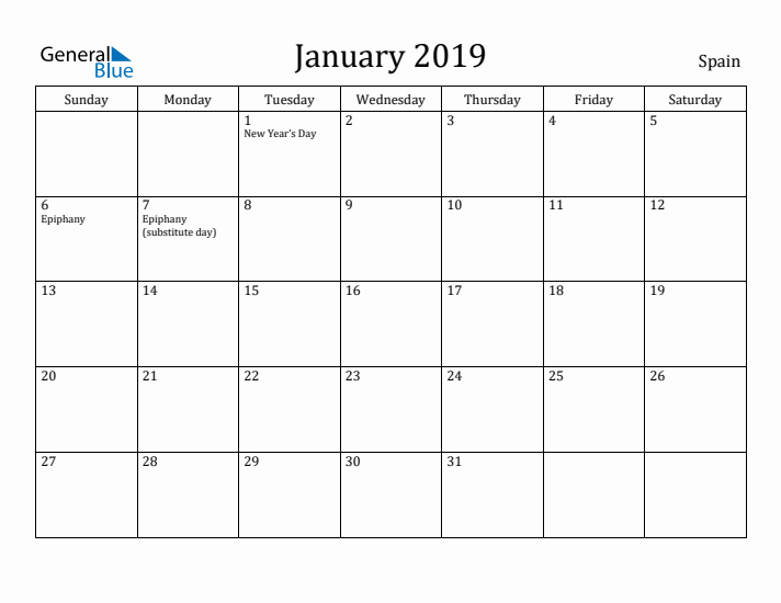 January 2019 Calendar Spain