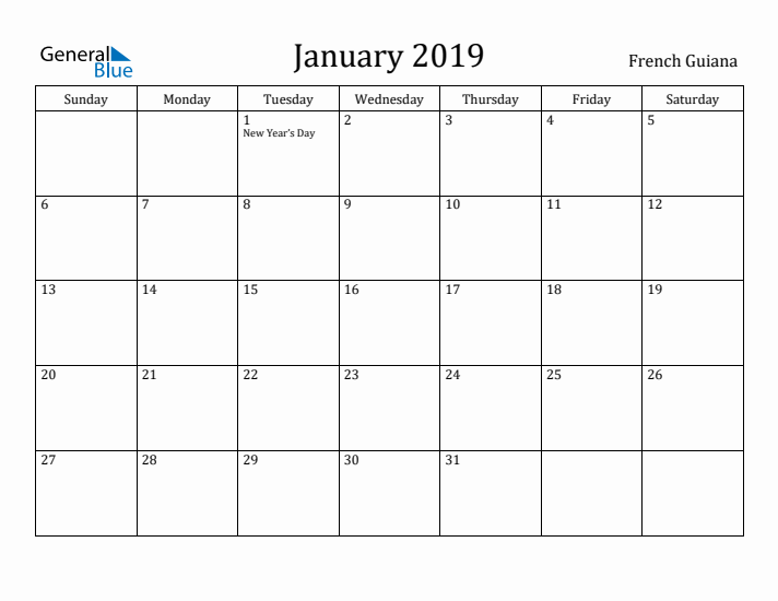 January 2019 Calendar French Guiana