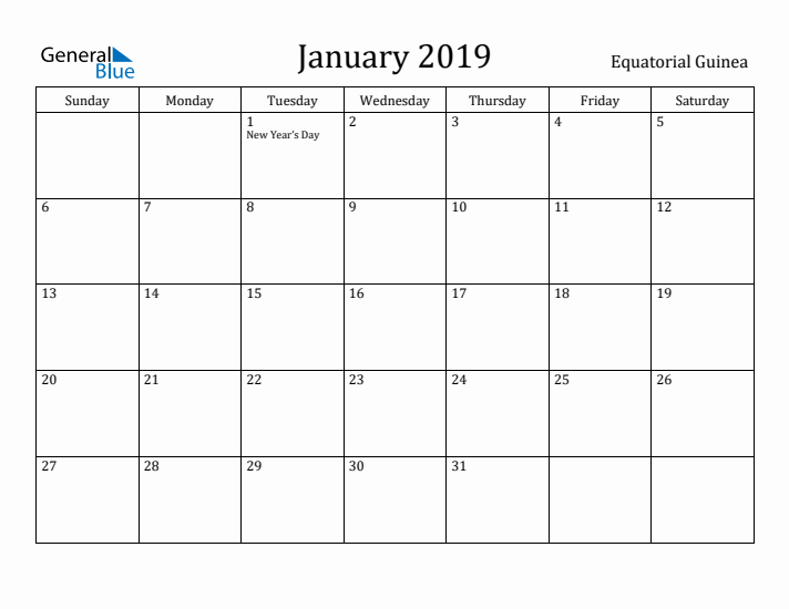 January 2019 Calendar Equatorial Guinea