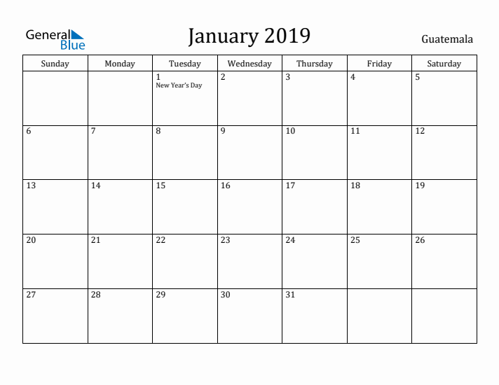 January 2019 Calendar Guatemala