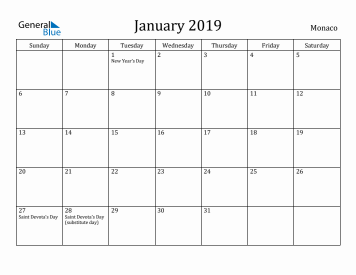 January 2019 Calendar Monaco