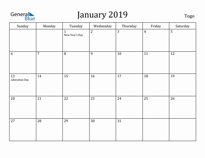 January 2019 Calendar Togo