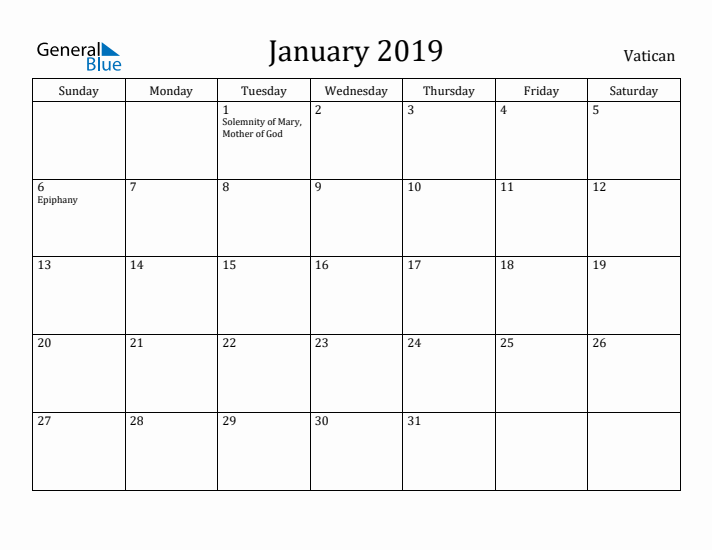 January 2019 Calendar Vatican