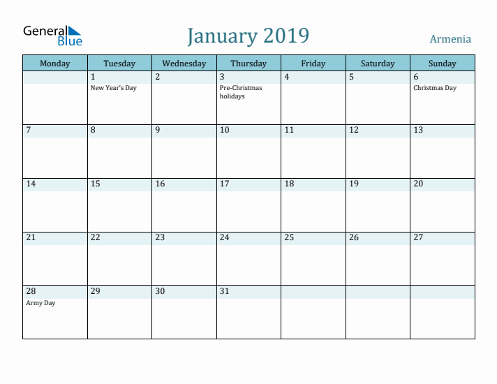 January 2019 Calendar with Holidays