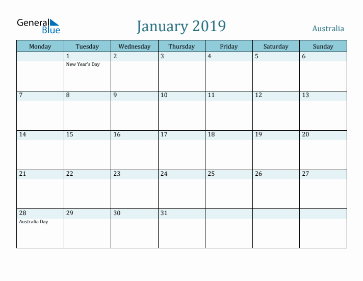 January 2019 Calendar with Holidays