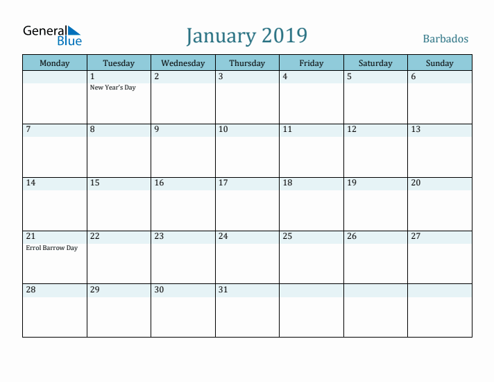 January 2019 Calendar with Holidays