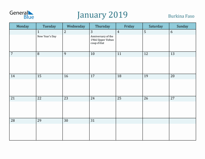 January 2019 Calendar with Holidays