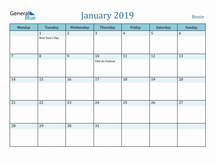 January 2019 Calendar with Holidays