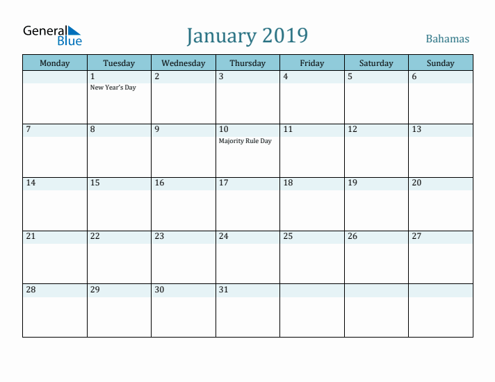 January 2019 Calendar with Holidays