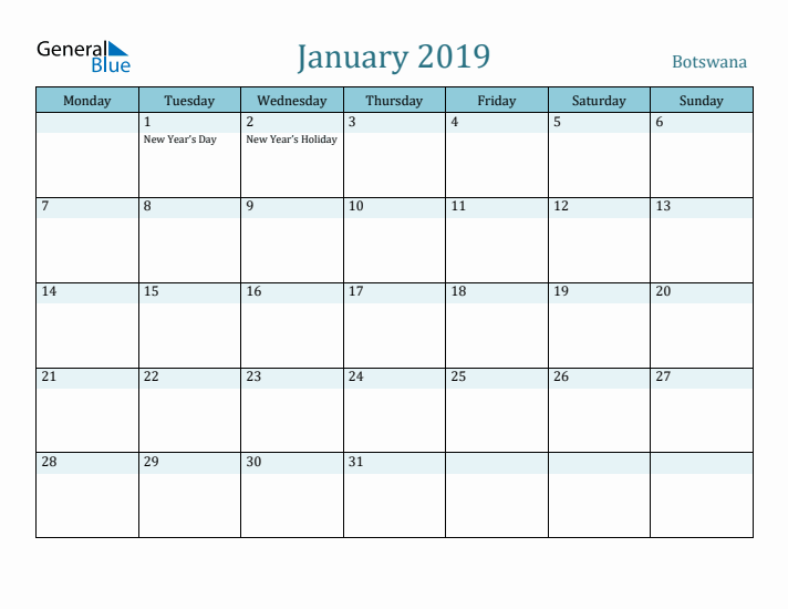 January 2019 Calendar with Holidays