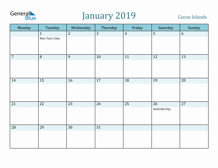 January 2019 Calendar with Holidays