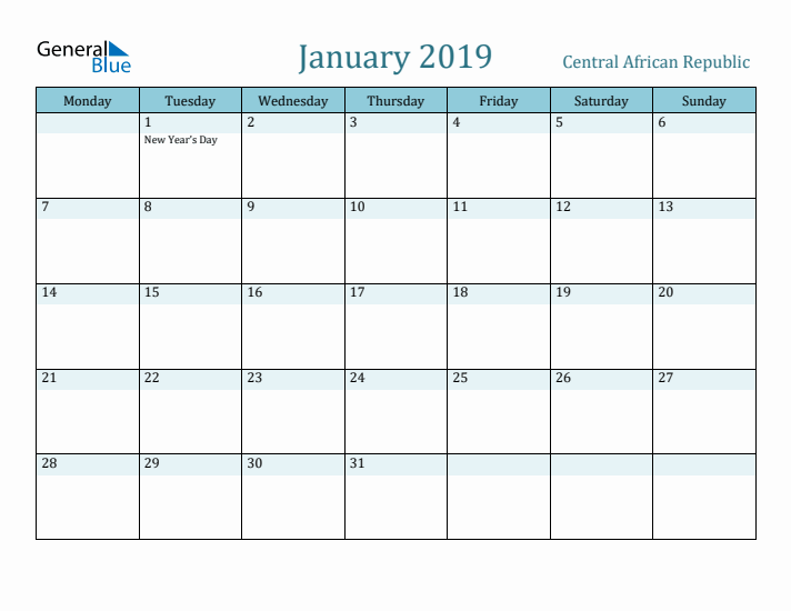 January 2019 Calendar with Holidays