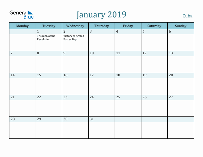 January 2019 Calendar with Holidays