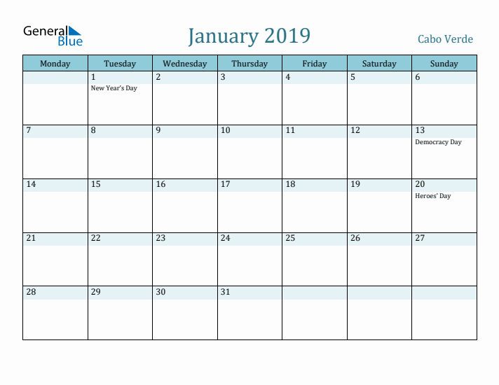 January 2019 Calendar with Holidays