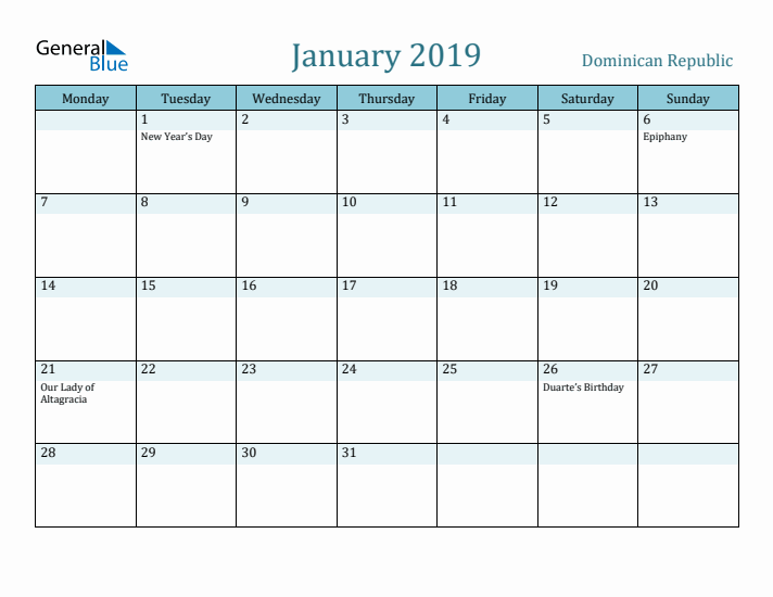 January 2019 Calendar with Holidays