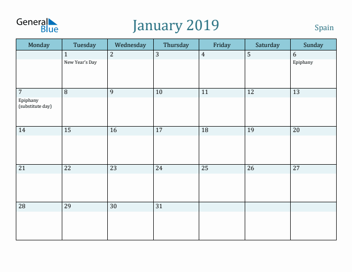 January 2019 Calendar with Holidays