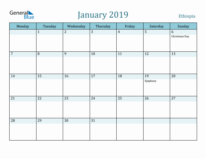 January 2019 Calendar with Holidays