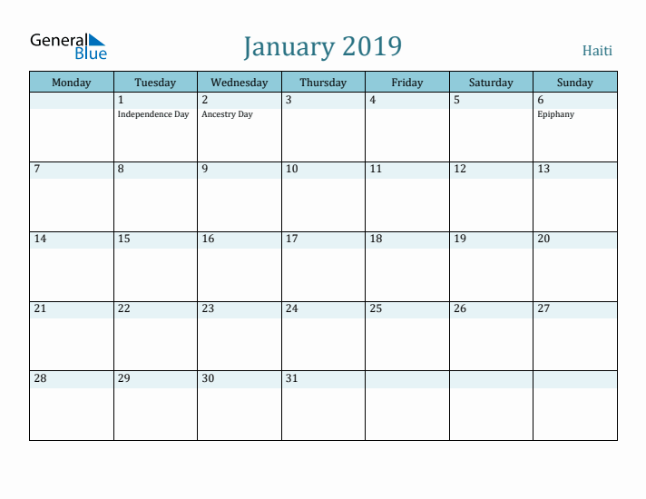 January 2019 Calendar with Holidays