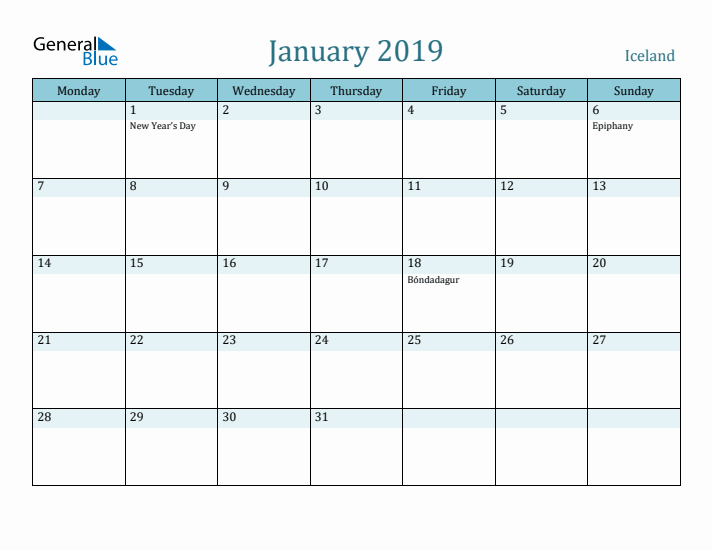 January 2019 Calendar with Holidays