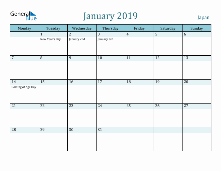 January 2019 Calendar with Holidays