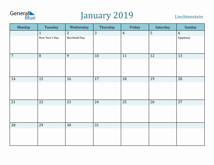 January 2019 Calendar with Holidays