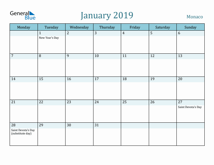 January 2019 Calendar with Holidays