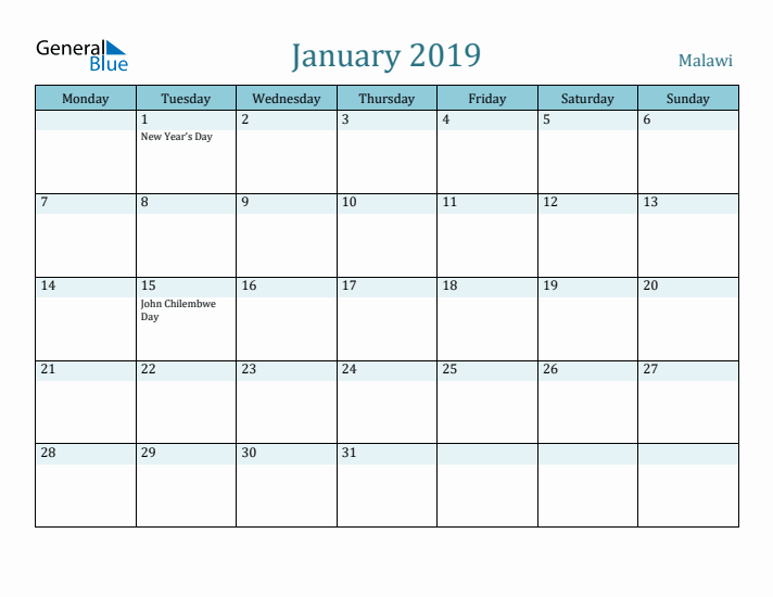 January 2019 Calendar with Holidays