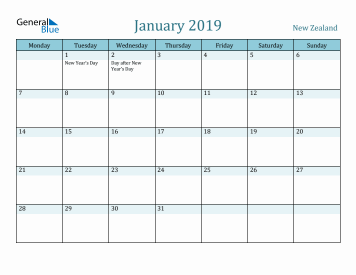 January 2019 Calendar with Holidays