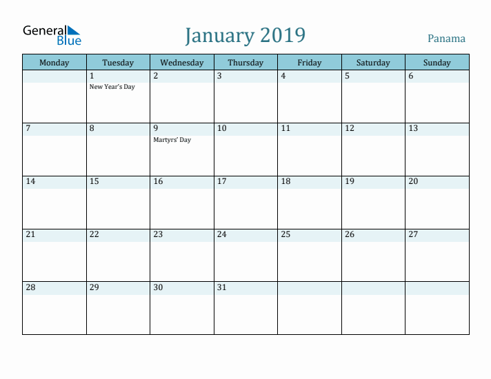 January 2019 Calendar with Holidays