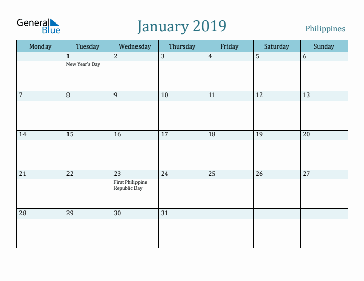 January 2019 Calendar with Holidays