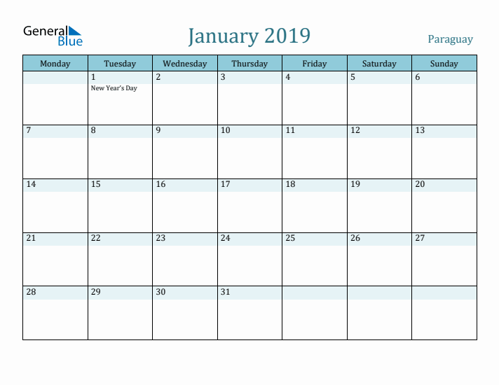 January 2019 Calendar with Holidays