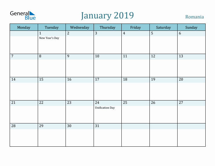 January 2019 Calendar with Holidays