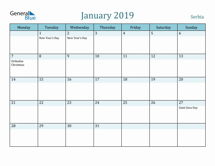 January 2019 Calendar with Holidays