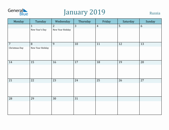 January 2019 Calendar with Holidays