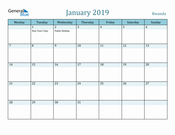 January 2019 Calendar with Holidays