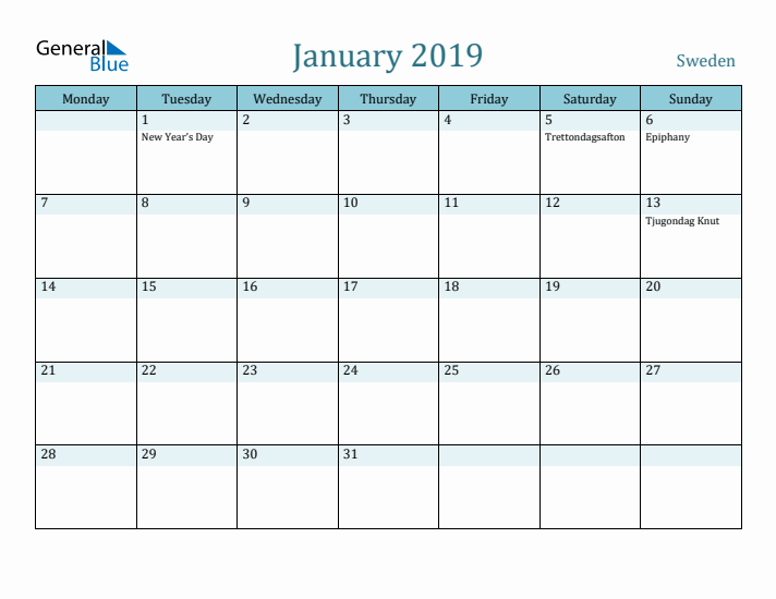 January 2019 Calendar with Holidays