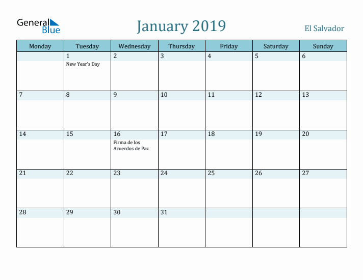 January 2019 Calendar with Holidays