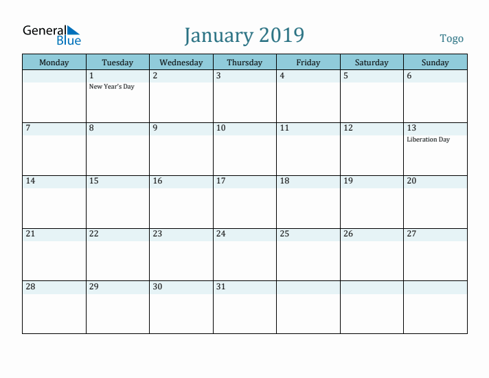 January 2019 Calendar with Holidays