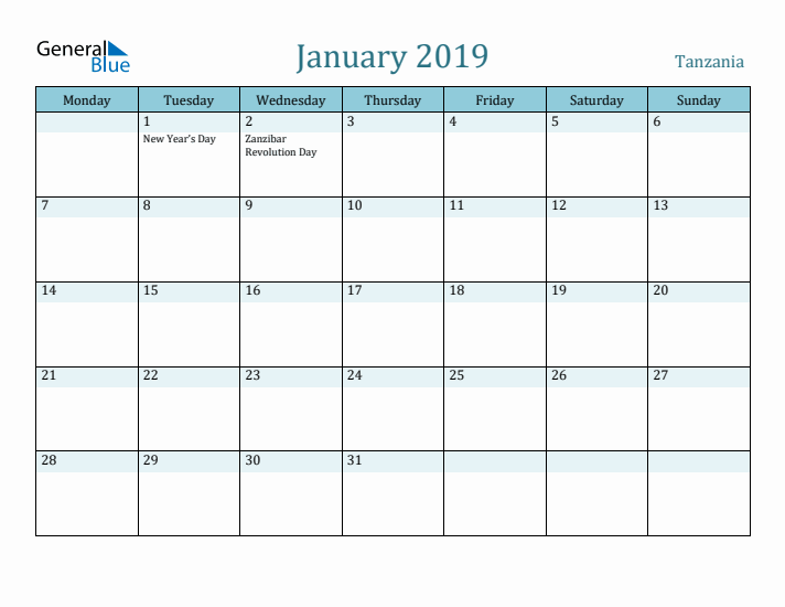 January 2019 Calendar with Holidays