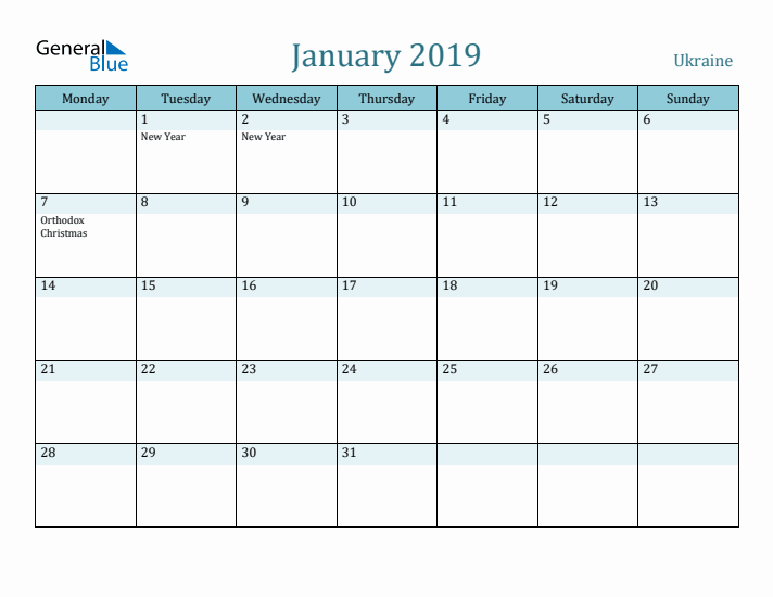 January 2019 Calendar with Holidays