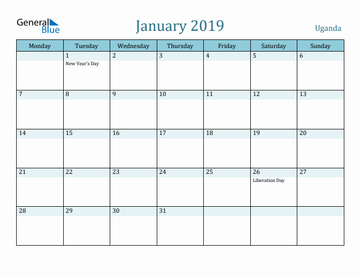 January 2019 Calendar with Holidays