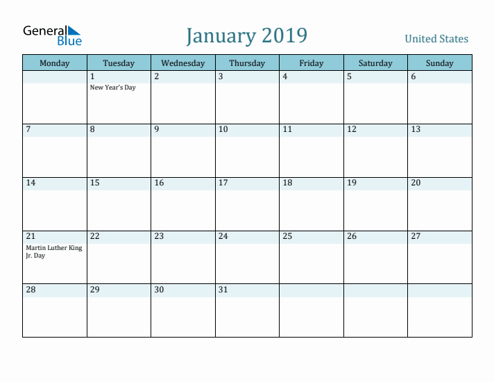 January 2019 Calendar with Holidays